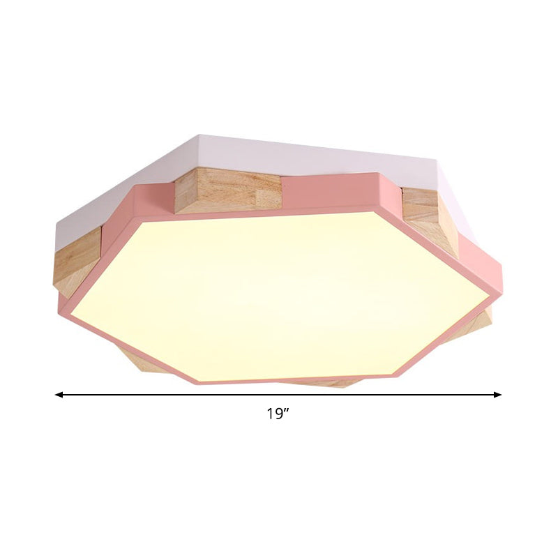 Moderne LED-Einbauleuchte in Rosa/Gelb/Blau, sechseckig, nah an der Decke, mit Metallschirm in warmem/weißem Licht