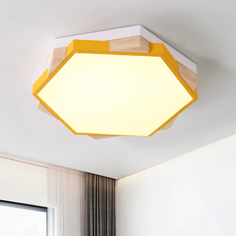 Modern LED Flushmount Pink/Yellow/Blue Hexagon Close to Ceiling Lamp with Metal Shade in Warm/White Light