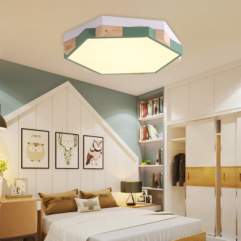 Modern LED Flushmount Pink/Yellow/Blue Hexagon Close to Ceiling Lamp with Metal Shade in Warm/White Light