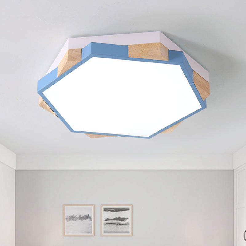 Modern LED Flushmount Pink/Yellow/Blue Hexagon Close to Ceiling Lamp with Metal Shade in Warm/White Light