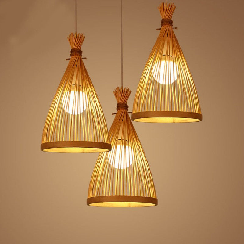 Chinese Cone Pendant Lighting Fixtures Bamboo Hanging Light with Hanging Cord for Restaurant