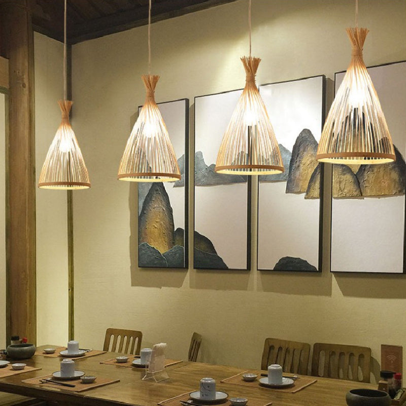 Chinese Cone Pendant Lighting Fixtures Bamboo Hanging Light with Hanging Cord for Restaurant