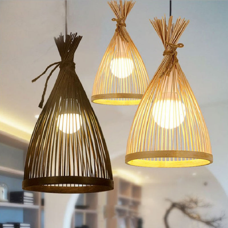 Chinese Cone Pendant Lighting Fixtures Bamboo Hanging Light with Hanging Cord for Restaurant