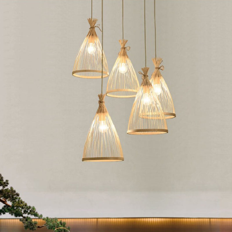 Chinese Cone Pendant Lighting Fixtures Bamboo Hanging Light with Hanging Cord for Restaurant