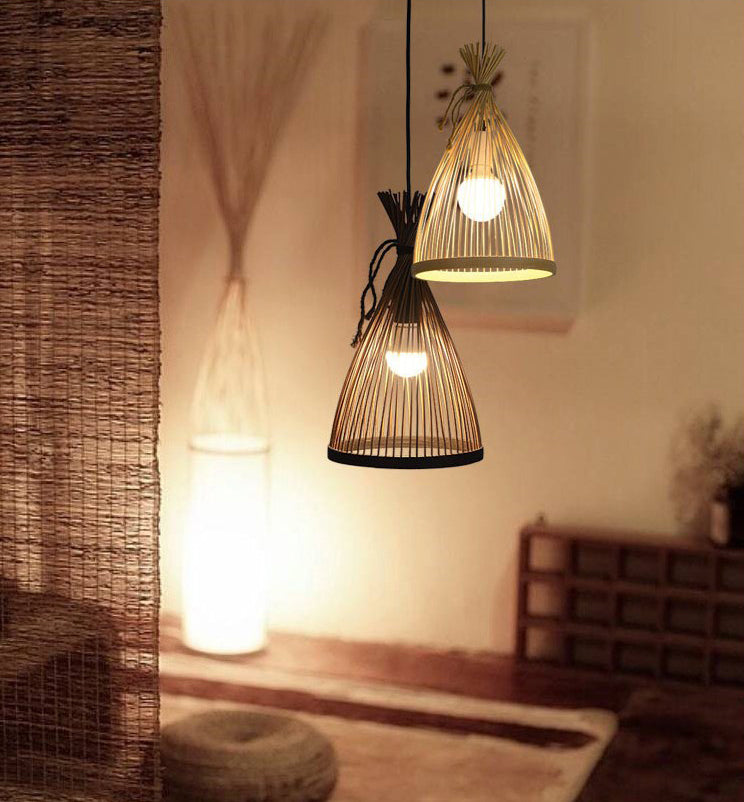 Chinese Cone Pendant Lighting Fixtures Bamboo Hanging Light with Hanging Cord for Restaurant