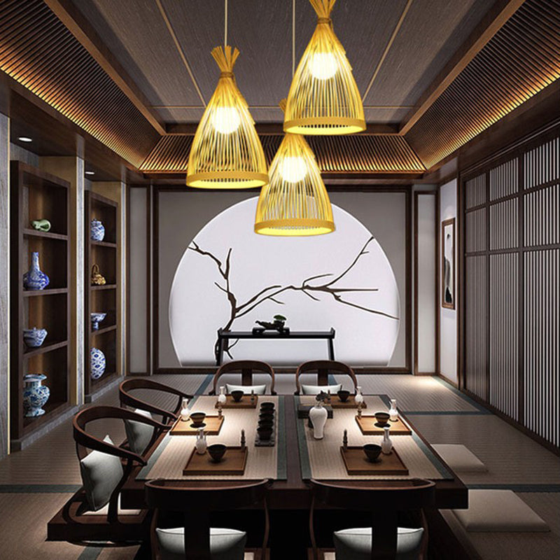 Chinese Cone Pendant Lighting Fixtures Bamboo Hanging Light with Hanging Cord for Restaurant