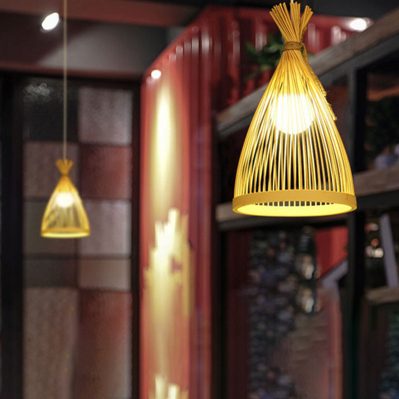 Chinese Cone Pendant Lighting Fixtures Bamboo Hanging Light with Hanging Cord for Restaurant