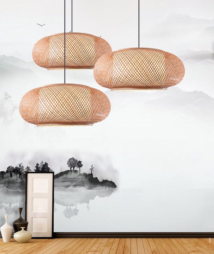 Farmhouse Natural Bamboo Pendse Lighting 1 Lámpara de comedor de tambor redondo Lámpara colgante en beige