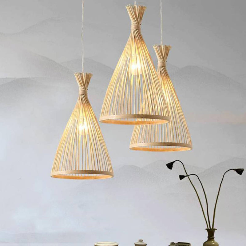 Chinese Cone Pendant Lighting Fixtures Bamboo Hanging Light with Hanging Cord for Restaurant