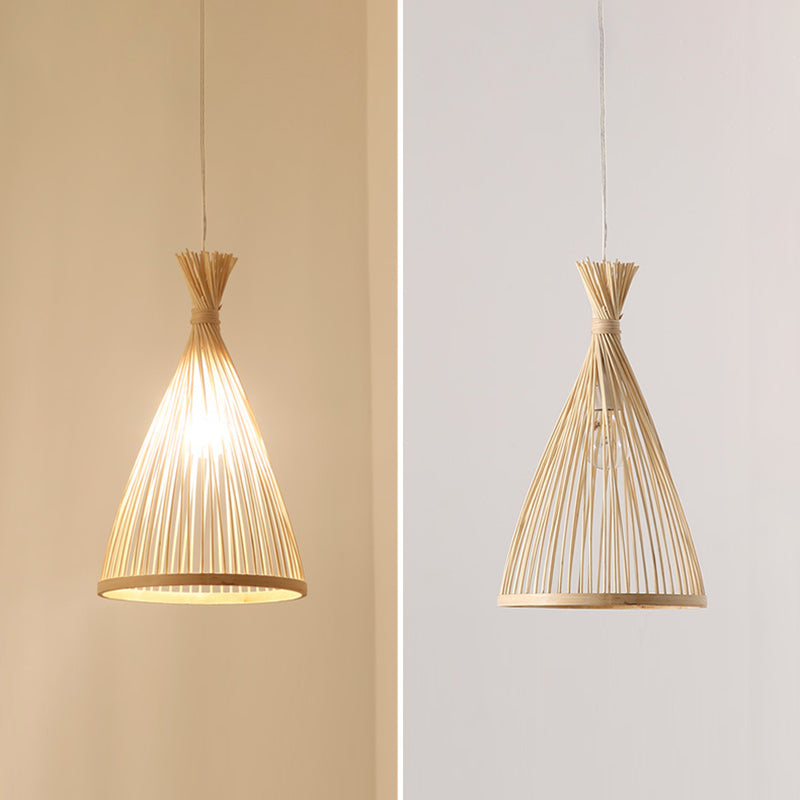 Chinese Cone Pendant Lighting Fixtures Bamboo Hanging Light with Hanging Cord for Restaurant