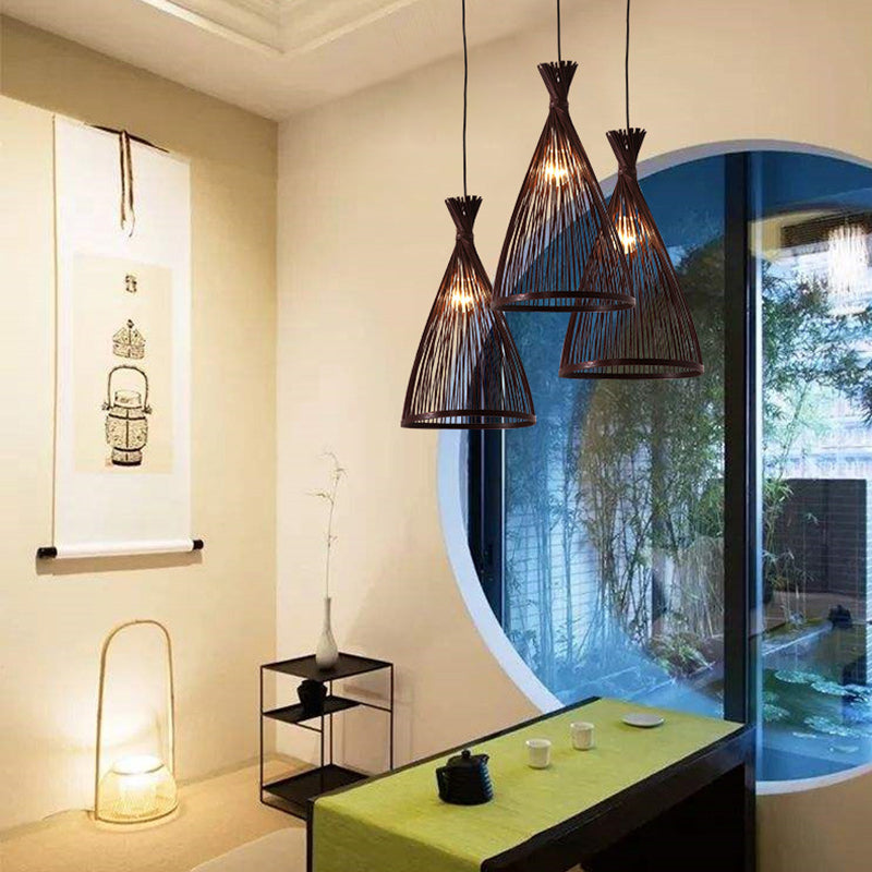 Chinese Cone Pendant Lighting Fixtures Bamboo Hanging Light with Hanging Cord for Restaurant