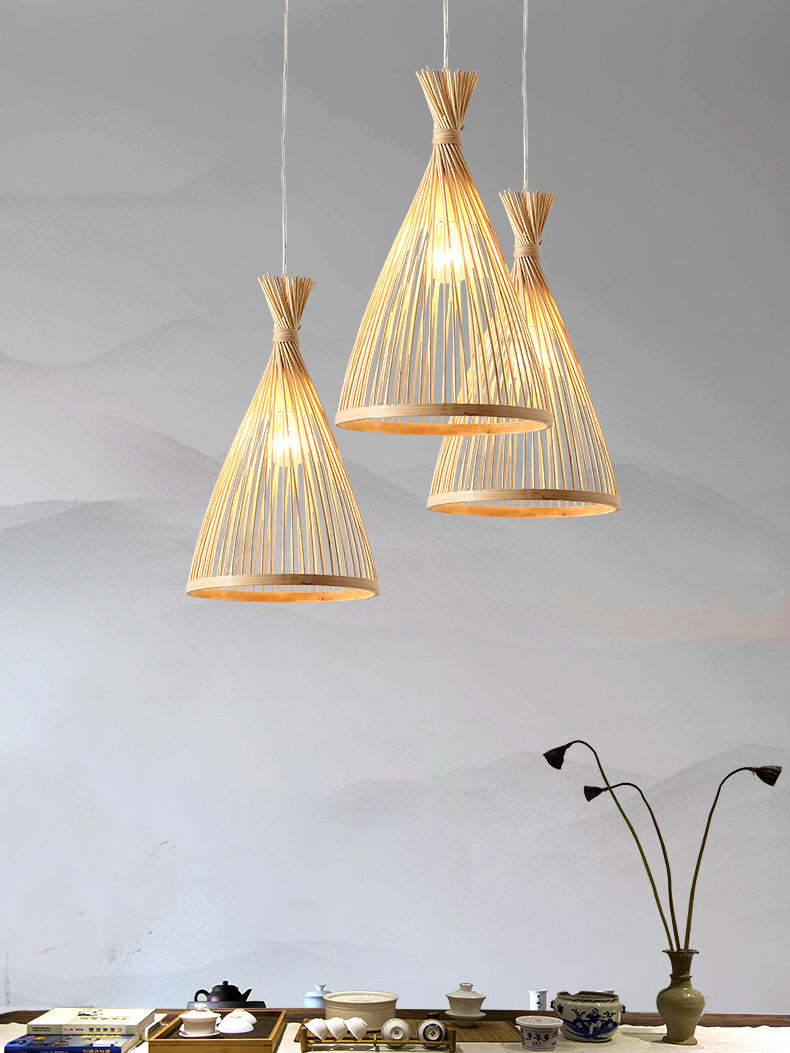 Chinese Cone Pendant Lighting Fixtures Bamboo Hanging Light with Hanging Cord for Restaurant