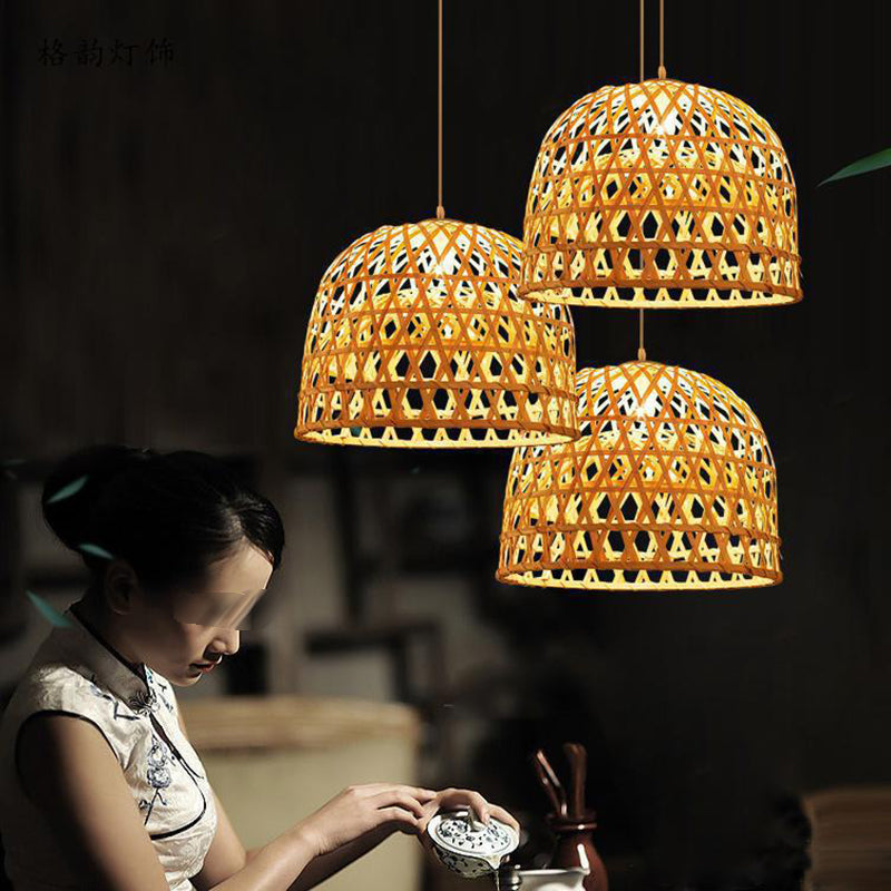 Handwoven Dome Pendant Light Fixture Chinese Bamboo 1 Light Dining Table Ceiling Light in Beige