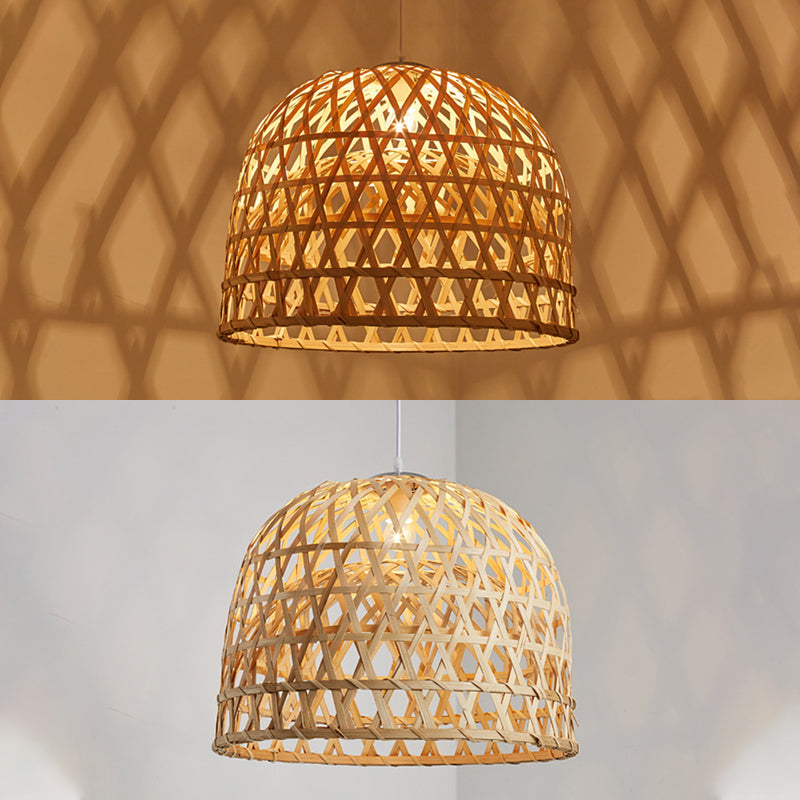 Handwoven Dome Pendant Light Fixture Chinese Bamboo 1 Light Dining Table Ceiling Light in Beige