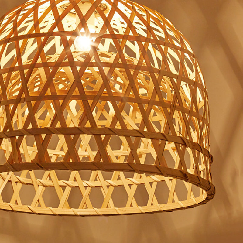 Handwoven Dome Pendant Light Fixture Chinese Bamboo 1 Light Dining Table Ceiling Light in Beige