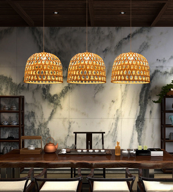 Handwoven Dome Pendant Light Fixture Chinese Bamboo 1 Light Dining Table Ceiling Light in Beige