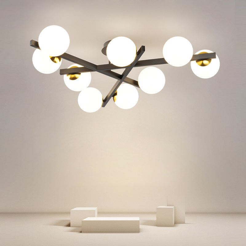 Round-Shape Semi Flush Mount Light Fixture Glass White Semi Flush Chandelier for Bedroom