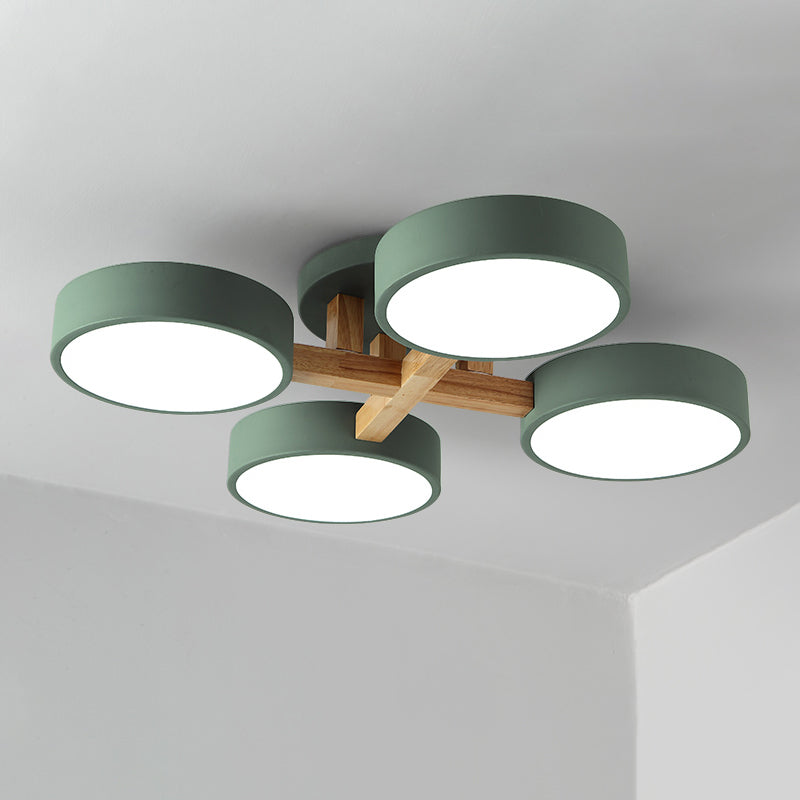 Circular Semi Flush Mount Macaron Metal 4 Heads 21"/24.5" Wide Grey/Green Ceiling Light Fixture with Acrylic Diffuser