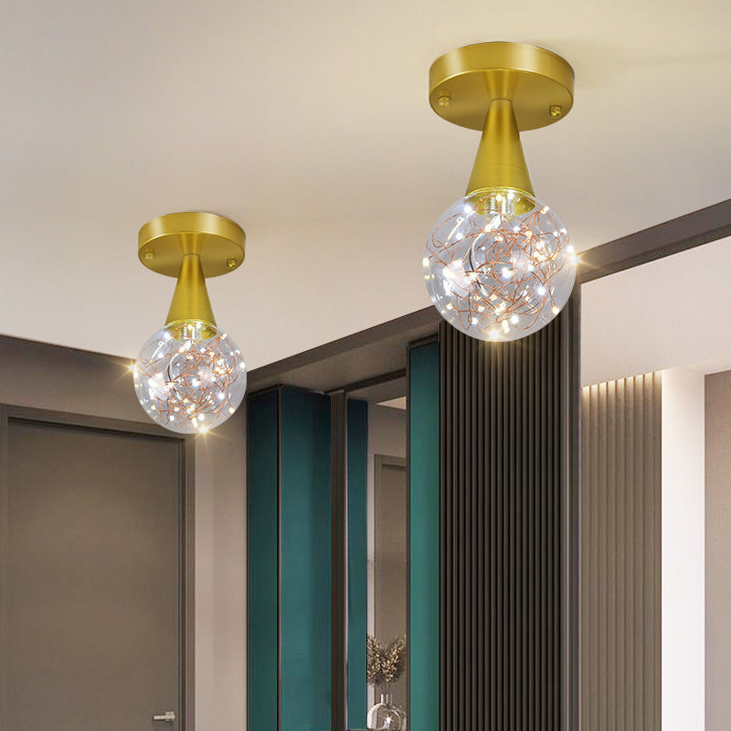 Ball Shade Corridor Flush Light Fixture Clear Glass Simple LED Ceiling Light in Gold