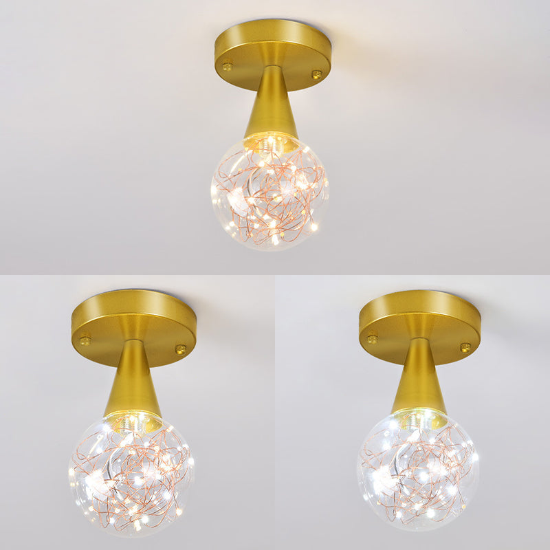 Ball Shade Corridor Flush Light Fixture Clear Glass Simple LED Ceiling Light in Gold