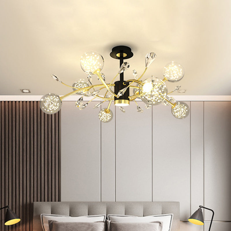 Luce del soffitto di ramo di cristallo moderno lampadario semifulto a LED LED Black-Gold con tonalità in vetro a sfera