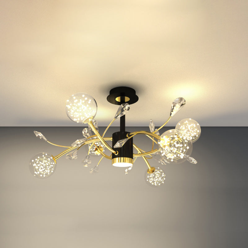 Crystal Tree Branch Ceiling Lighting Modern Black-Gold LED Semi Flush Chandelier with Ball Glass Shade