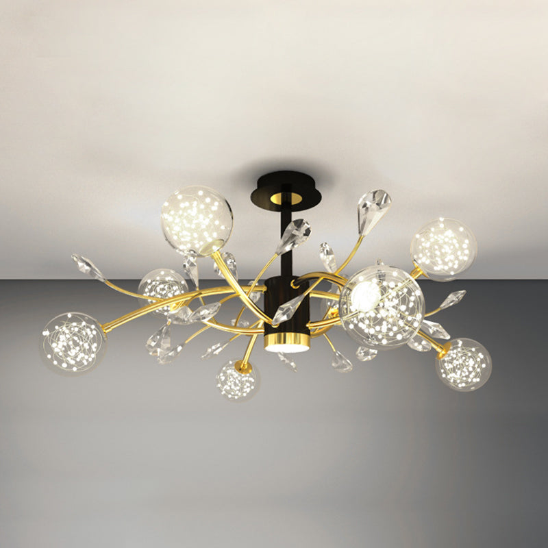 Crystal Tree Branch Ceiling Lighting Modern Black-Gold LED Semi Flush Chandelier with Ball Glass Shade