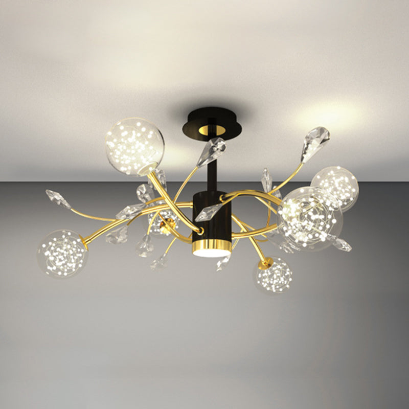 Luce del soffitto di ramo di cristallo moderno lampadario semifulto a LED LED Black-Gold con tonalità in vetro a sfera