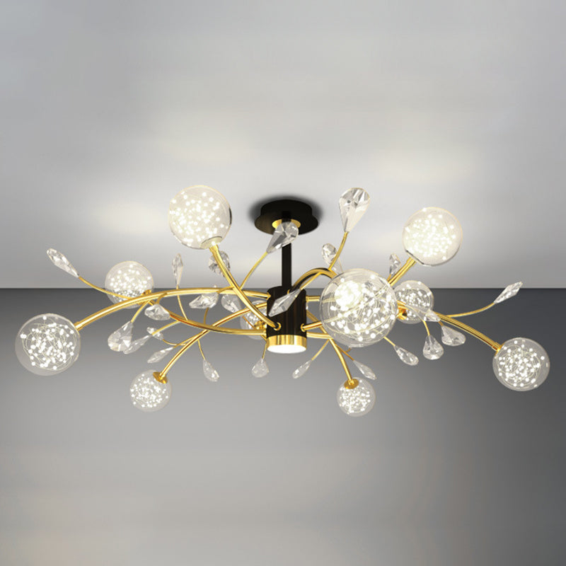 Crystal Tree Branch Ceiling Lighting Modern Black-Gold LED Semi Flush Chandelier with Ball Glass Shade