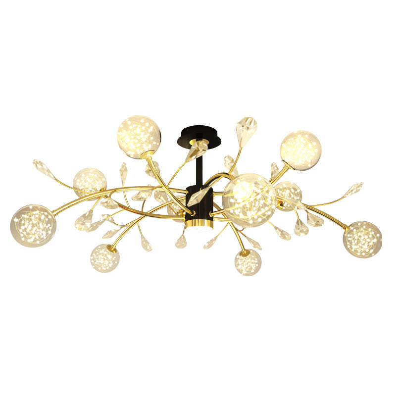 Crystal Tree Branch Ceiling Lighting Modern Black-Gold LED Semi Flush Chandelier with Ball Glass Shade