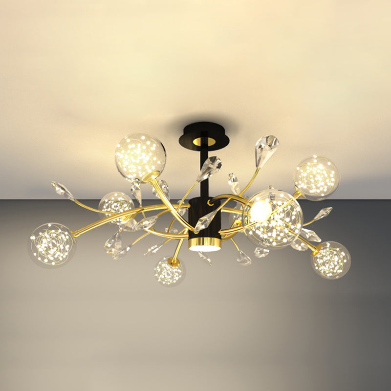 Crystal Tree Branch Ceiling Lighting Modern Black-Gold LED Semi Flush Chandelier with Ball Glass Shade