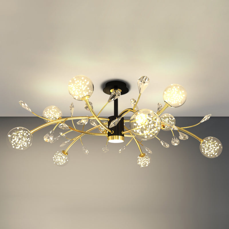 Crystal Tree Branch Ceiling Lighting Modern Black-Gold LED Semi Flush Chandelier with Ball Glass Shade