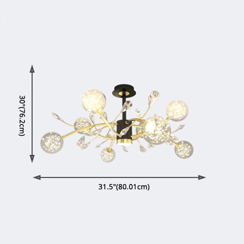 Luce del soffitto di ramo di cristallo moderno lampadario semifulto a LED LED Black-Gold con tonalità in vetro a sfera