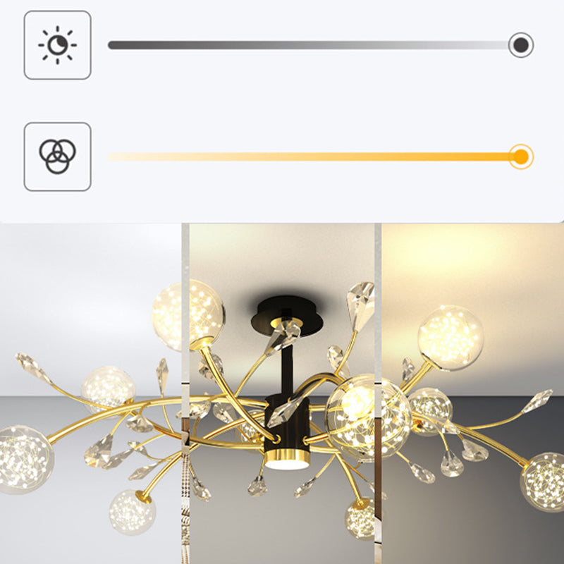 Luce del soffitto di ramo di cristallo moderno lampadario semifulto a LED LED Black-Gold con tonalità in vetro a sfera