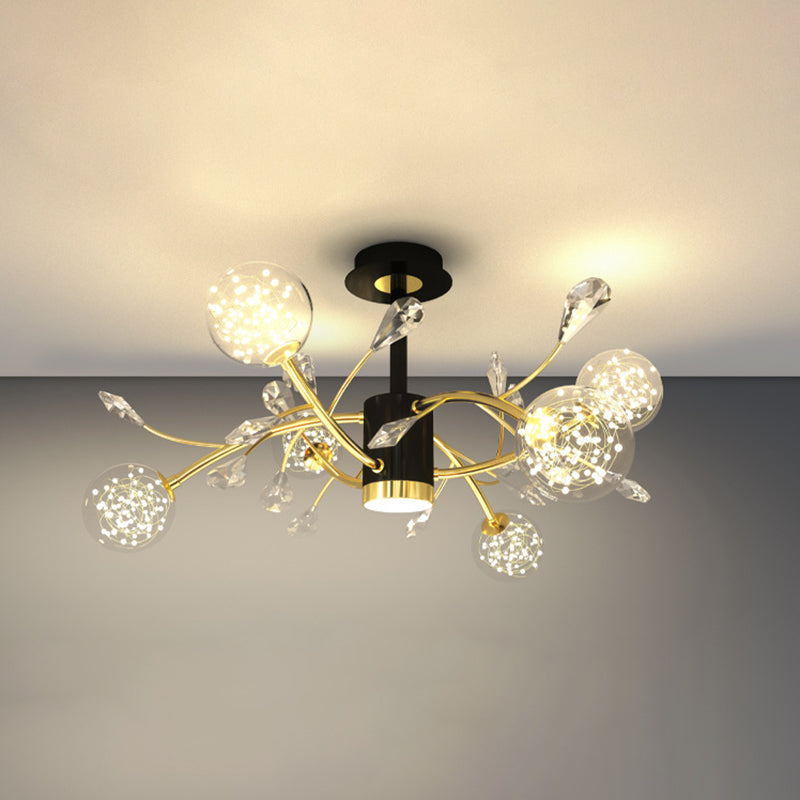 Crystal Tree Branch Ceiling Lighting Modern Black-Gold LED Semi Flush Chandelier with Ball Glass Shade