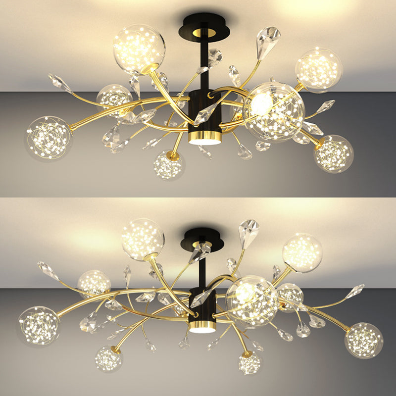 Crystal Tree Branch Ceiling Lighting Modern Black-Gold LED Semi Flush Chandelier with Ball Glass Shade