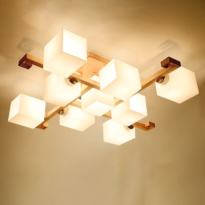 Log Color Modern Simplicity Semi Flush Mount Exposed Bulb Wooden Ceiling Light with Opal Glass Shade