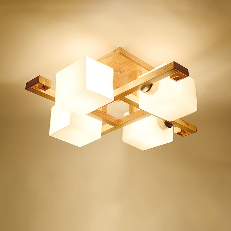 Log Color Modern Simplicity Semi Flush Mount Exposed Bulb Wooden Ceiling Light with Opal Glass Shade