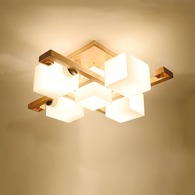 Log Color Modern Simplicity Semi Flush Mount Exposed Bulb Wooden Ceiling Light with Opal Glass Shade