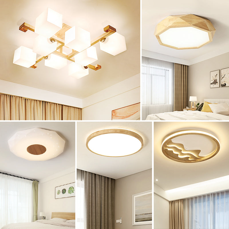 Color de registro Simplicidad moderna Semi Flush Mount Bombilla expuesta Luz de techo de madera con sombra de vidrio ópalo