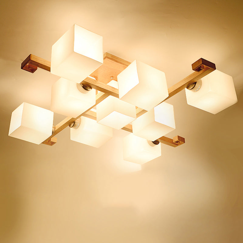 Log Color Modern Simplicity Semi Flush Mount Exposed Bulb Wooden Ceiling Light with Opal Glass Shade