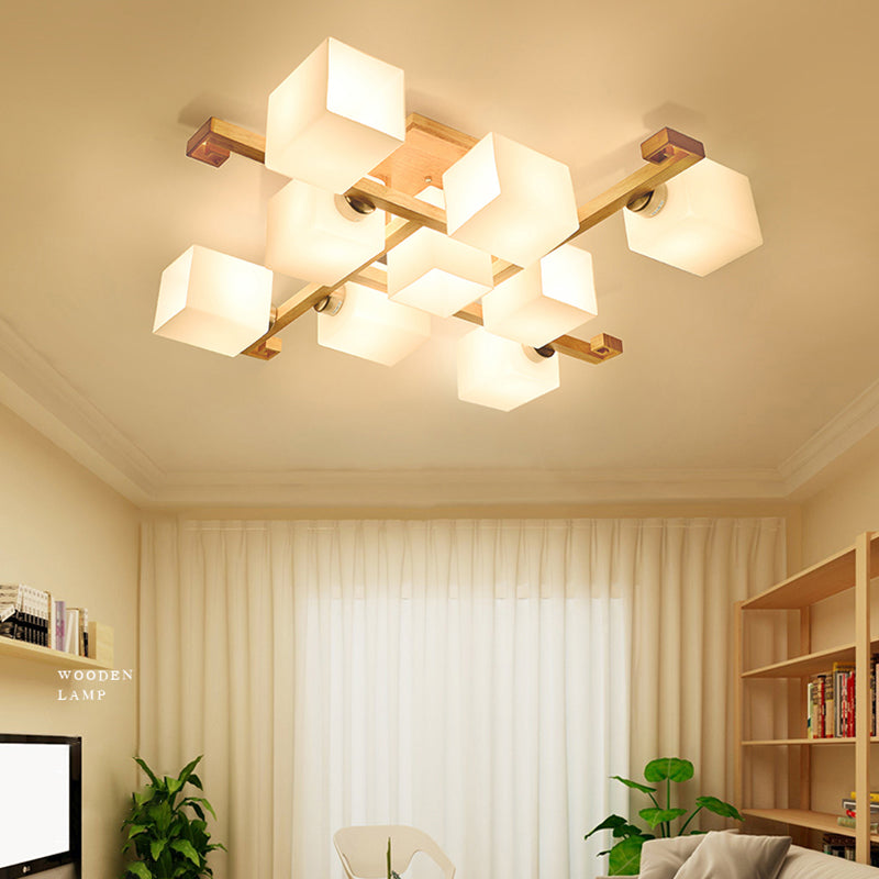 Log Color Modern Simplicity Semi Flush Mount Exposed Bulb Wooden Ceiling Light with Opal Glass Shade