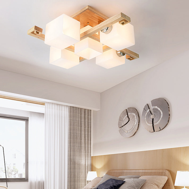 Log Color Modern Simplicity Semi Flush Mount Exposed Bulb Wooden Ceiling Light with Opal Glass Shade