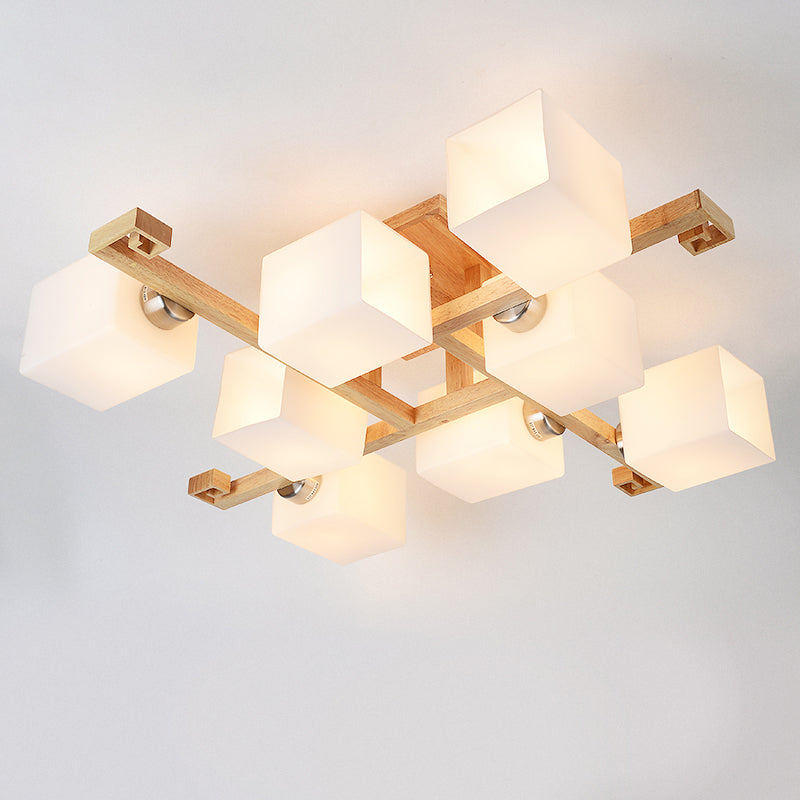 Log Color Modern Simplicity Semi Flush Mount Exposed Bulb Wooden Ceiling Light with Opal Glass Shade