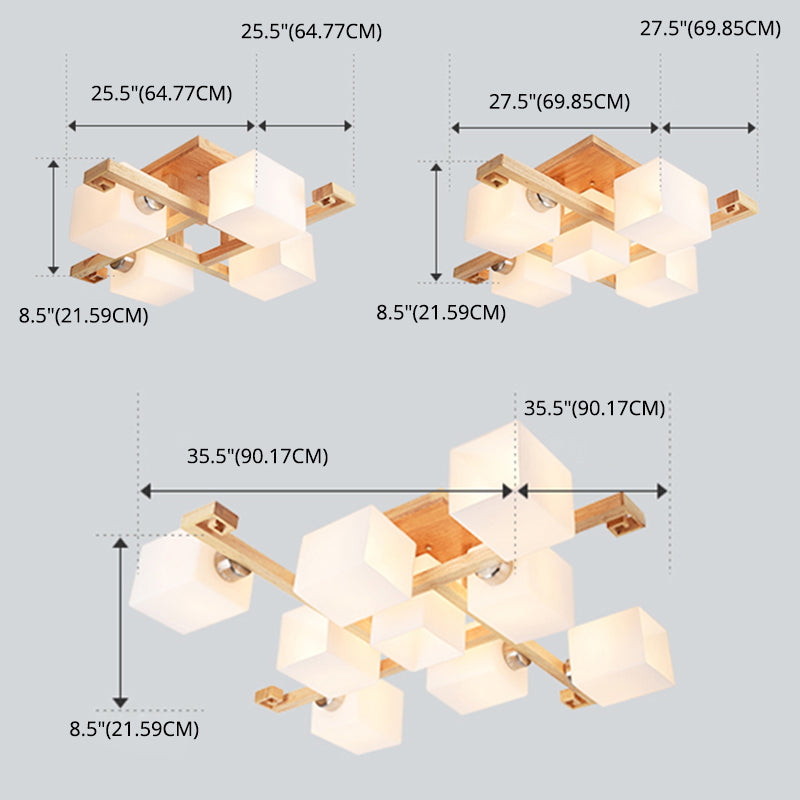 Log Color Modern Simplicity Semi Flush Mount Exposed Bulb Wooden Ceiling Light with Opal Glass Shade