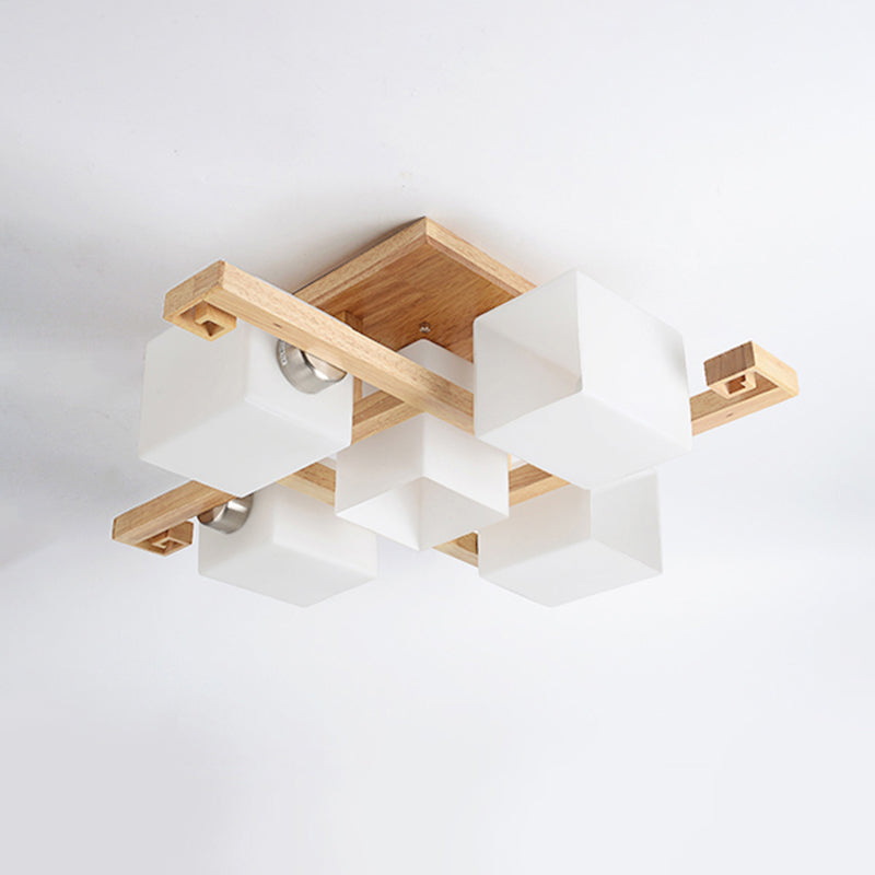 Holzfarbe moderne Einfachheit halb Flush Mount Exponierte Glühbirnen -Holzdecke mit Opalglas Schatten