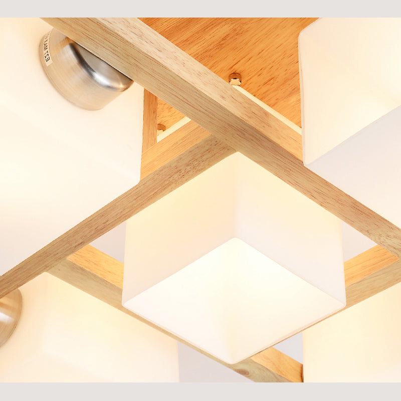 Holzfarbe moderne Einfachheit halb Flush Mount Exponierte Glühbirnen -Holzdecke mit Opalglas Schatten