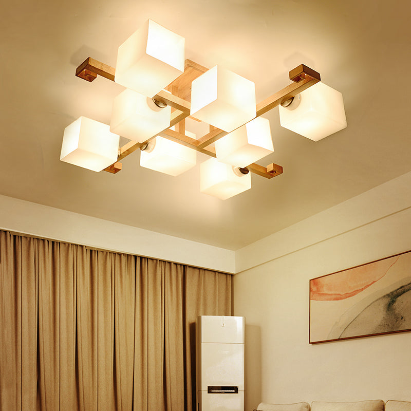 Log Color Modern Simplicity Semi Flush Mount Exposed Bulb Wooden Ceiling Light with Opal Glass Shade