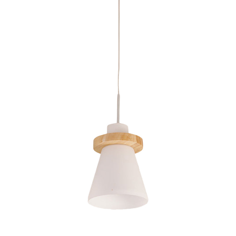 Minimalist Conical White Glass Hanging Light 1 Light Pendant Light with Wood Ring Decoration