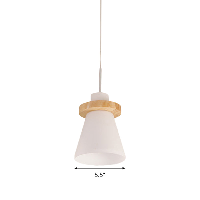 Luce sospesa in vetro bianco conico minimalista 1 luce a sospensione con decorazione di anelli in legno